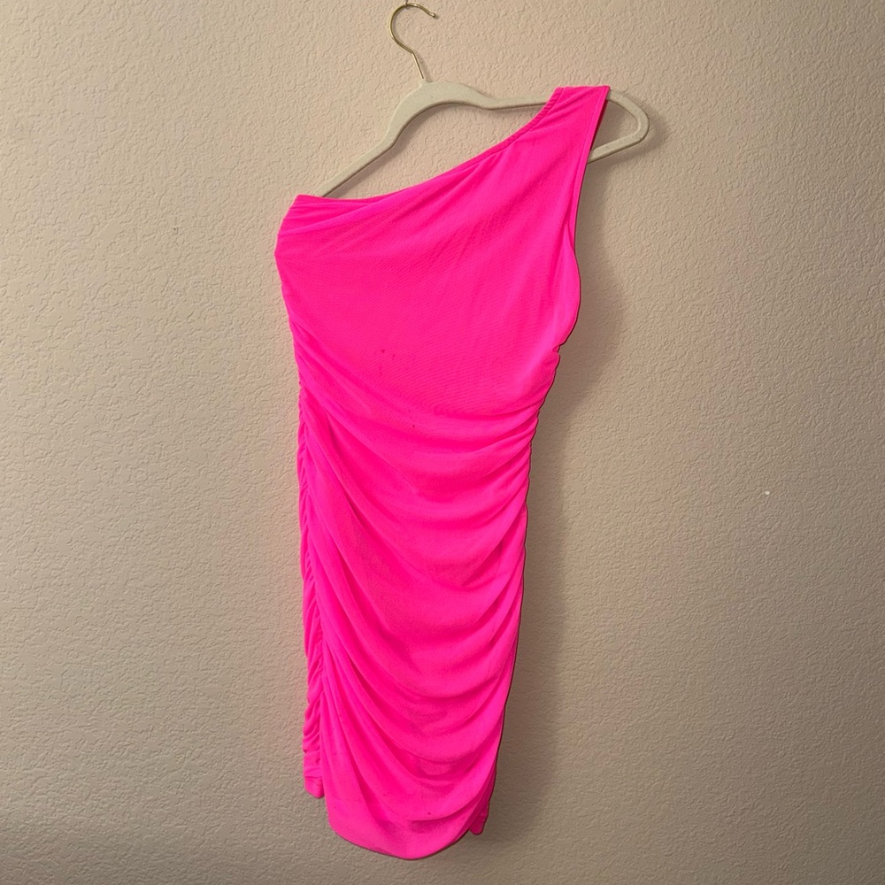 Pink Asymmetrical Ruched One-Shoulder Cocktail Dress